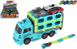 Camión transportador de plástico con inercia 22 cm + 2 cochecitos deportivos