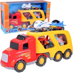 Gran camión tractor – transportador de coches con aviones y helicóptero con sonidos