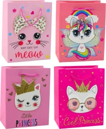 Bolsa de regalo de papel rosa con gatitos y purpurina 23 x 18 x 10,5 cm