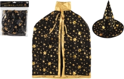 Sombrero y capa de brujo/bruja infantil negro‑dorado, diámetro 38 cm