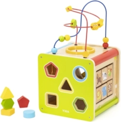 Cubo educativo de madera 5 en 1 con laberinto, formas y xilófono