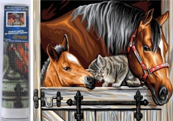 Pintura con diamantes – caballos con gato 30 × 40 cm