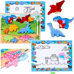 Puzzle educativo de madera de dinosaurios con pizarra de dibujo