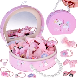 Adorable joyero de cuero ecológico con espejo y set de adornos para el pelo
