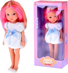 Muñeca con pelo largo rubio-rosado en vestido blanco con lazo azul 33 cm