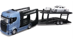 Bburago Street Fire camión Scania 770S con semirremolque y Porsche Macan 1:43