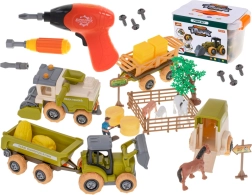 Granja para niños: tractor desmontable, cosechadora y animales con taladro a batería