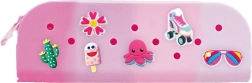 Estuche de silicona rosa con insignias intercambiables