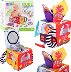 Cubo sensorial suave con cochecitos y señales de tráfico con espejo seguro
