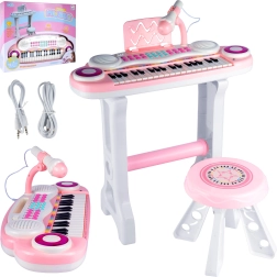 Piano electrónico infantil con micrófono y taburete, rosa, MP3/USB