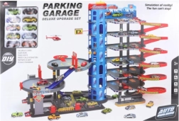 Gran garaje de varios pisos con cochecitos y helipuerto