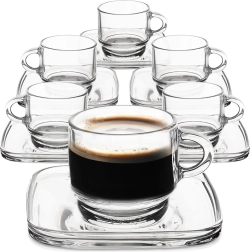 Tazas de espresso de vidrio con platillos cuadrados de 75 ml, set de 6 unidades