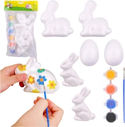 Set para pintar adornos de poliestireno: 4 conejos y 2 huevos con pinturas