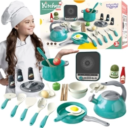 Set de cocina Woopie para pequeños cocineros con placa de inducción, utensilios de cocina y hervidor - 30 piezas