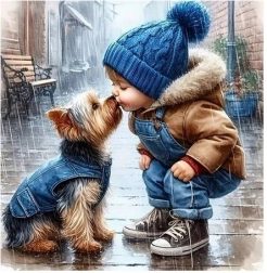 Mosaico de diamantes Niño y perrito York, Beso bajo la lluvia