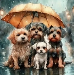 Mosaico de diamantes - Familia de perros bajo el paraguas