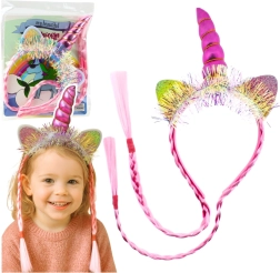 Diadema rosa de unicornio con cuerno, orejas y trenzas