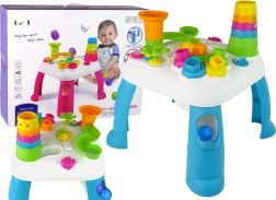Mesa educativa interactiva con tobogán para bolitas y clasificador de formas – azul