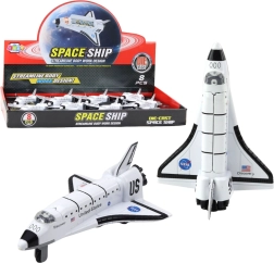Transbordador espacial metálico con propulsión de retroceso, blanco