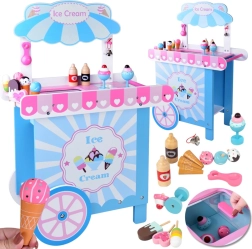 Puesto de helados de madera en colores pastel para niños con accesorios