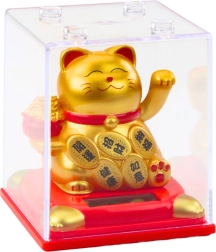 Gato chino de la suerte, figurita solar en vitrina dorada