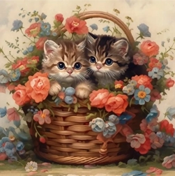 Pintura por números Gatos en una cesta con flores 40 × 50 cm