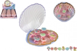 Juego de anillos infantiles ajustables con motivos del mundo marino en caja con forma de concha