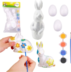 Set para pintar adornos de Pascua de poliestireno: conejo y 3 huevos con pinturas