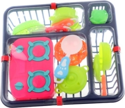 Set de plástico de cocina infantil con hornillo, vajilla y escurridor