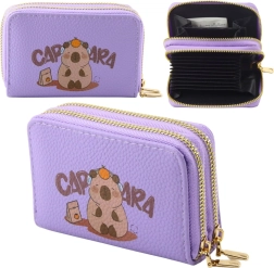 Cartera morada de dos compartimentos con capibara, compartimentos tipo acordeón