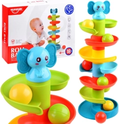 Pista de canicas de colores con elefantito – pirámide en espiral para niños