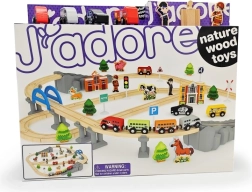 Vía de tren de madera con puente y accesorios