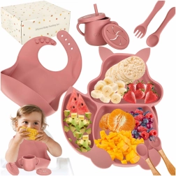 Juego de comida de silicona para niños con forma de ardilla, 9 piezas, rosa oscuro