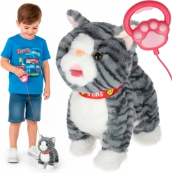 Gatito de peluche interactivo con correa: maúlla, camina y mueve la cola, gris