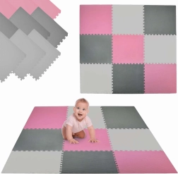 Alfombra de espuma Humbi tipo puzzle, 9 piezas, rosa, grafito y gris, 180 × 180 × 1 cm