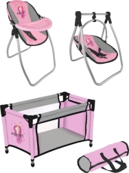 Set para muñecas Princess Pink Grey – cuna de viaje y trona 2 en 1 con columpio