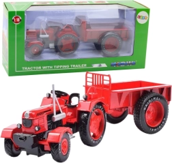 Tractor rojo metálico con remolque 1:18
