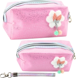 Estuche rosa para cosméticos con lazo y purpurina