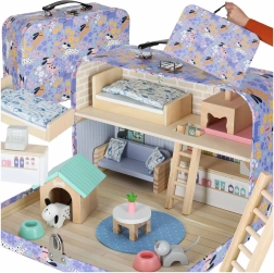 Casita de madera portátil en maletín – hotel para mascotas con muebles y figuritas