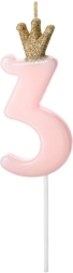 Vela para tarta rosa con corona en forma de número 3