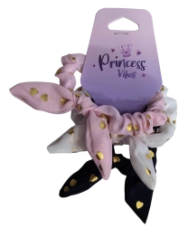 PINK set de gomas para el pelo scrunchie con lazo y corazones dorados - 3 uds