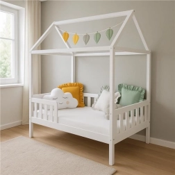 Cama infantil tipo casita con barrera y somier New Baby Castello 160×80 cm blanca