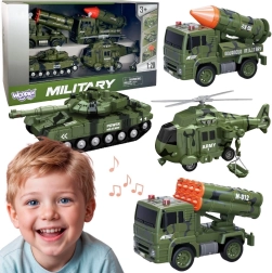 WOOPIE set de vehículos militares con lanzacohetes, tanque y helicóptero 4 uds., escala 1:20
