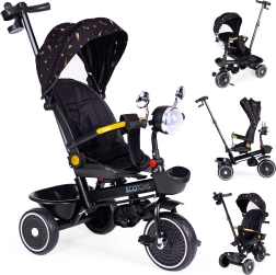 Triciclo infantil con asiento giratorio 360°, barra de empuje y capota, negro, ECOTOYS
