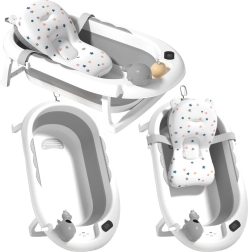 Bañera plegable para bebés con termómetro y inserto suave, gris con estrellitas