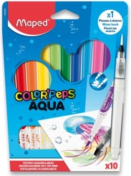 Rotuladores MAPED Color'Peps Aqua con efecto pincel, set de 10 colores + pincel de agua