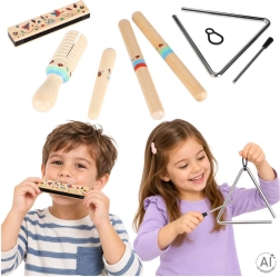 Instrumentos musicales de madera para niños – set (triángulo, palos rítmicos, armónica, güiro)