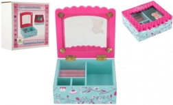 Caja de joyas de madera con flores y espejo, turquesa‑rosa