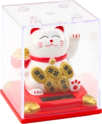 Figura solar blanca del gato chino de la suerte en vitrina