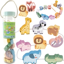 Animales del ZOO para ensartar de madera WOOPIE GREEN, montessori, 13 piezas